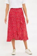 Load image into Gallery viewer, Louche Mara Spot It Red Ruffle Hem Wrap Midi Skirt