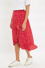 Load image into Gallery viewer, Louche Mara Spot It Red Ruffle Hem Wrap Midi Skirt