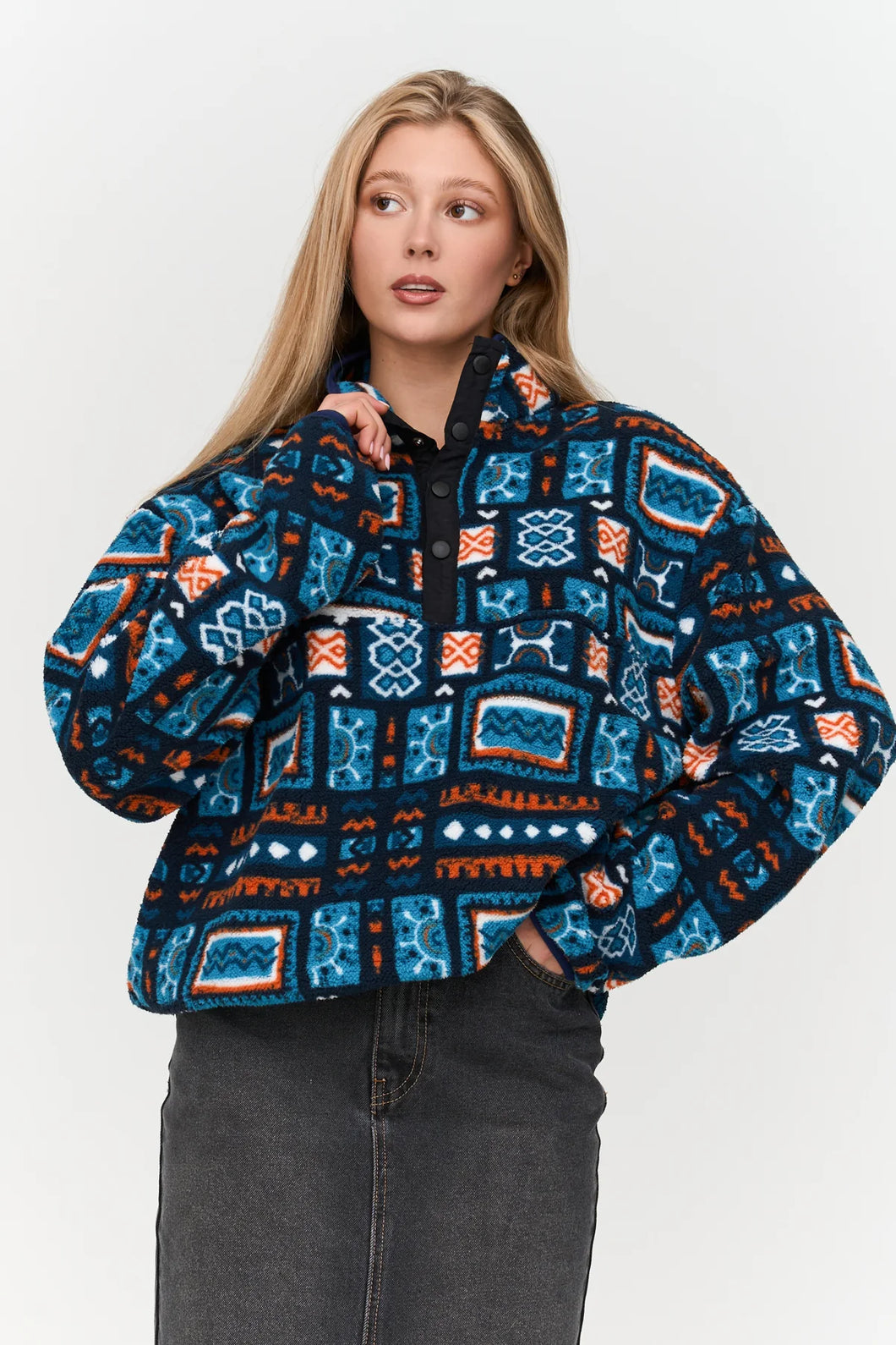 24 Colours Abstract Fleece Sweater Blue