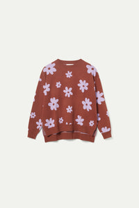 Brown Floral Print Knitted Jacquard Jumper