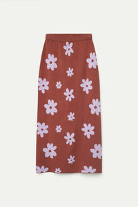 Brown Floral Print Knitted Jacquard Skirt