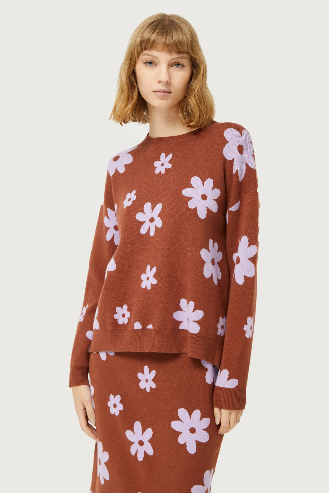 Brown Floral Print Knitted Jacquard Jumper