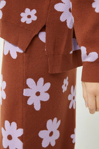 Brown Floral Print Knitted Jacquard Jumper