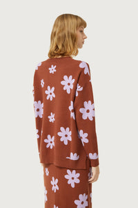 Brown Floral Print Knitted Jacquard Jumper