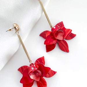 Ruby Red Flower Drop Earrings