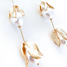 Load image into Gallery viewer, Gold Leaf and Pearl Bud Drop Earrings
