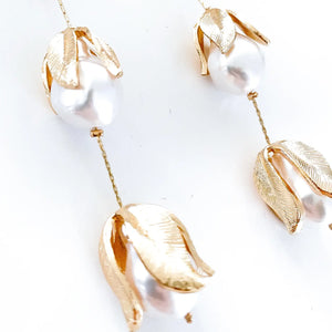 Gold Leaf and Pearl Bud Drop Earrings