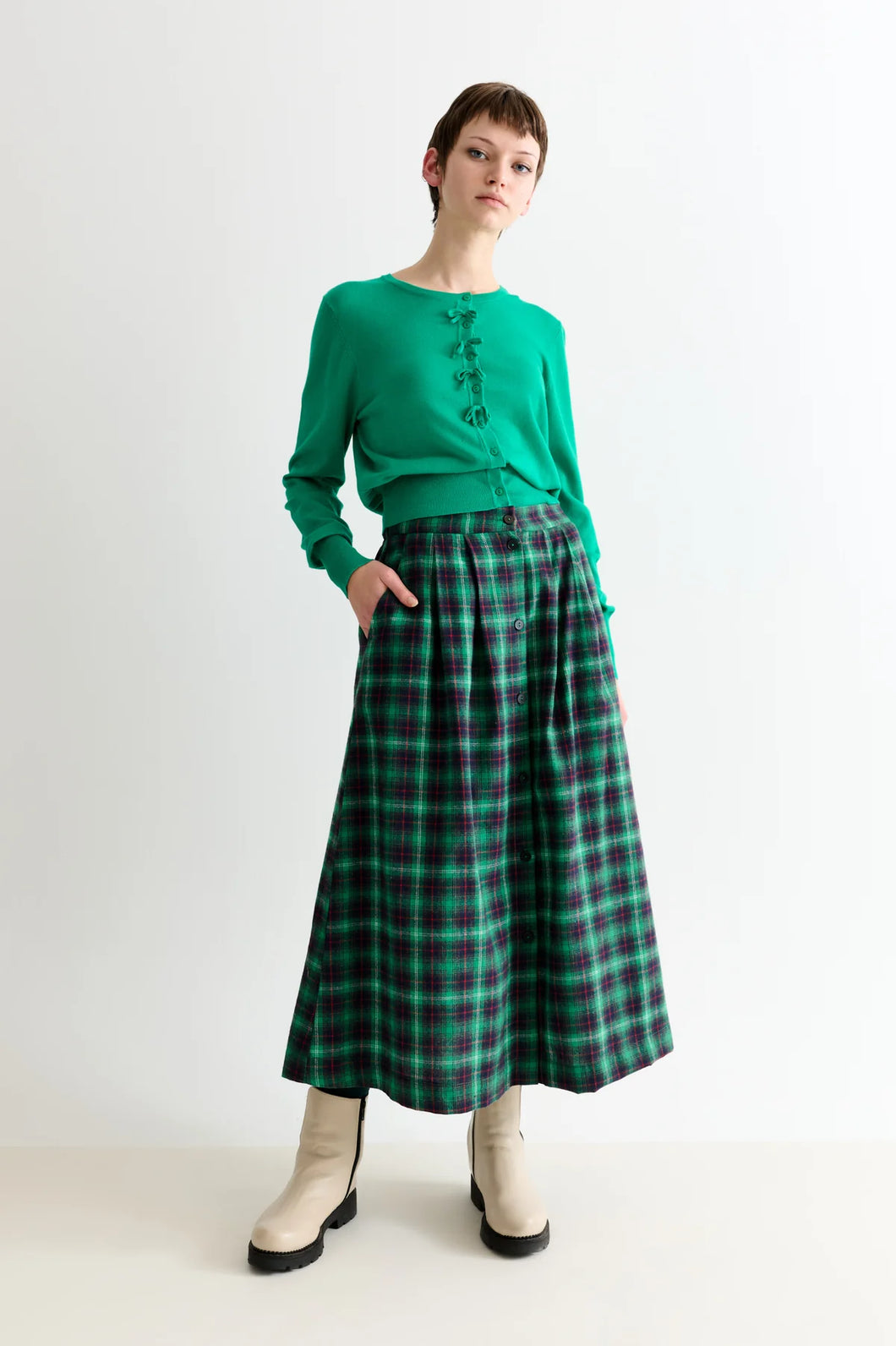 Louche Bia Winter Check Button Through Skirt – Green
