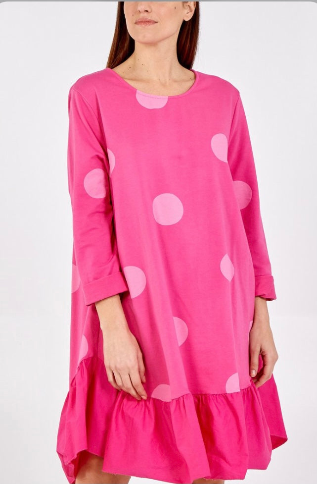 Frill Hem Big Polka Dots Dress in Pink