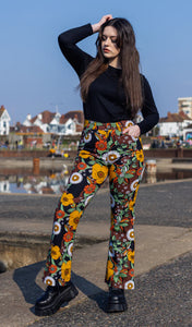 Run And Fly  70's Black Floral High Waisted Bell Bottom Flares