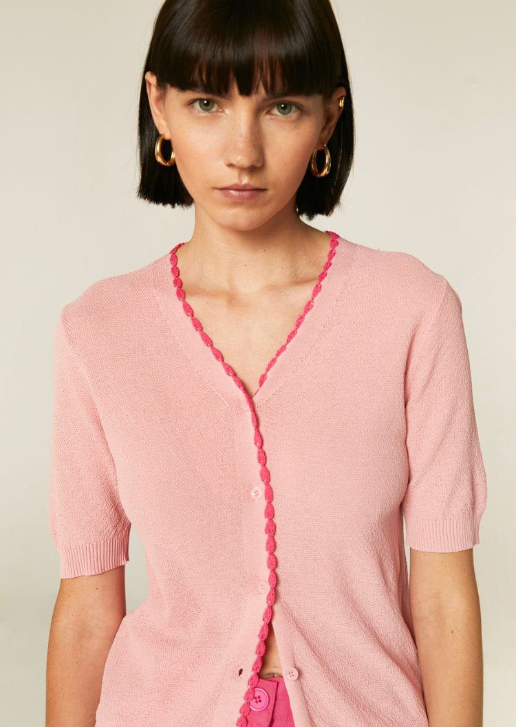 Pink Fine Knit Cardigan With Contrasting Trim