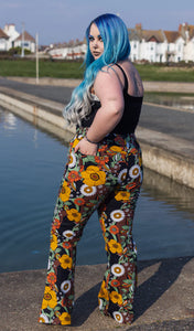 Run And Fly  70's Black Floral High Waisted Bell Bottom Flares