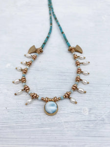 Queen Larimar and Pearl Bead Necklace