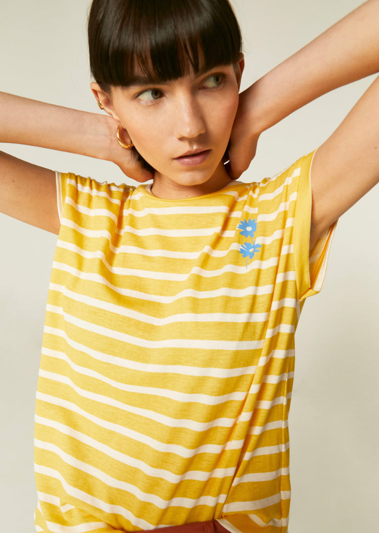 Two Toned Stripe Drop Sleeve T-Shirt With Primrose