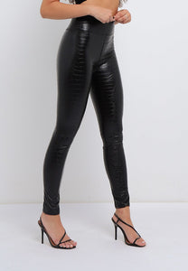 Textured Faux Leather PU High Waisted Leggings In Black