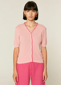 Pink Fine Knit Cardigan With Contrasting Trim